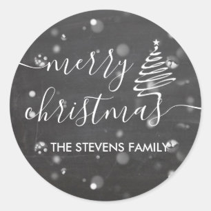 Chalkboard bokeh Christmas tree script Christmas Classic Round Sticker