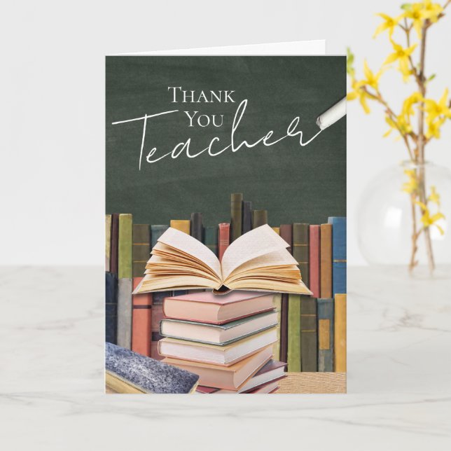Chalkboard & Book Stack Teacher Thank You Card (Yellow Flower)