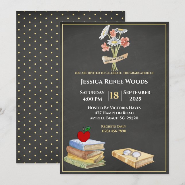 Chalkboard Books Flower Teacher Graduation Invitation (Front/Back)