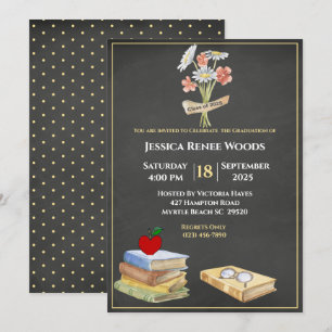 Chalkboard Books Flower Teacher Graduation Invitation