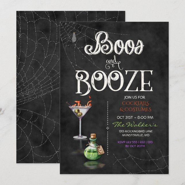 Chalkboard Boos & Booze Halloween Cocktail Party Invitation (Front/Back)