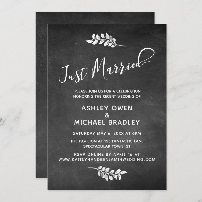 Chalkboard & Botanical Just Married Reception Invitation (Front/Back)
