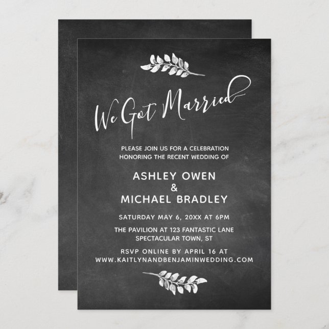Chalkboard & Botanical We Got Married Reception Invitation (Front/Back)