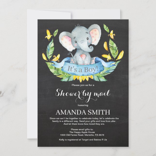 Chalkboard Boy Elephant Baby Shower by Mail Invitation (Front)