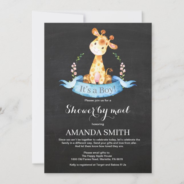 Chalkboard Boy Giraffe Baby Shower by Mail Invitation (Front)
