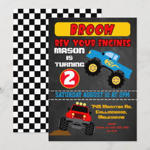 Chalkboard boys monster trucks birthday invitation