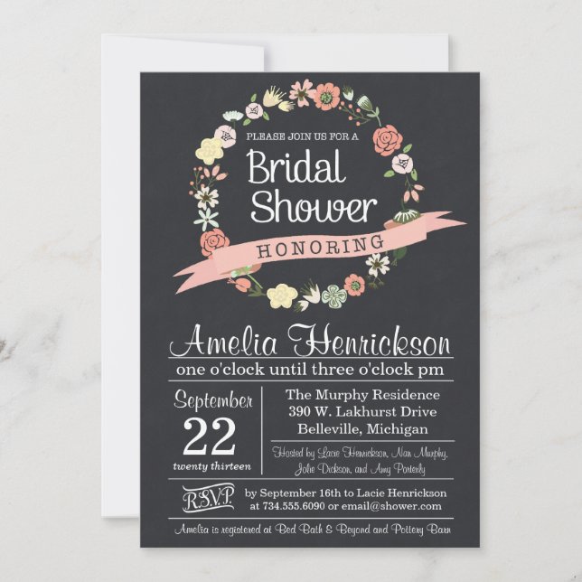 Chalkboard Bridal Shower Invitation with wreath (Front)