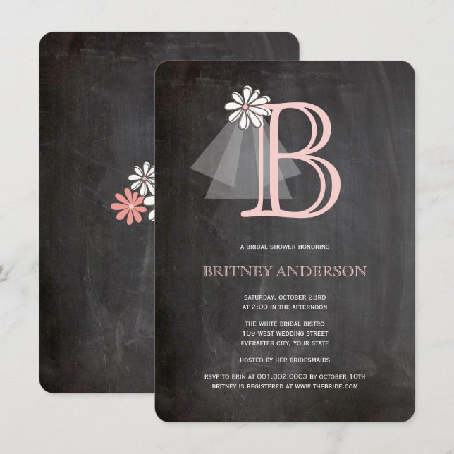 Chalkboard Bride's Veil Monogram Bridal Shower Invitation (Front/Back)