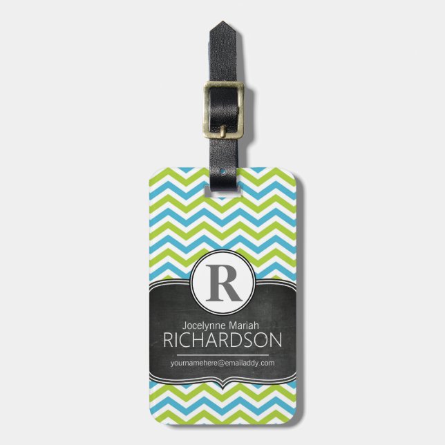Chalkboard Bright Chevron Pattern Monogram Luggage Tag (Front Vertical)