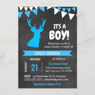 Chalkboard Buck Deer Blue BOY Baby Shower Invites