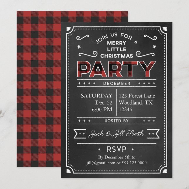 Chalkboard & Buffalo Plaid Christmas Party Invite (Front/Back)