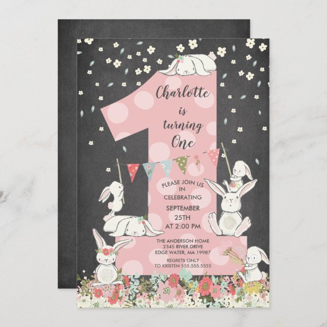 Chalkboard Bunny Big One Girls Birthday Invitation (Front/Back)