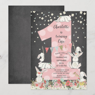 Chalkboard Bunny Big One Girls Birthday Invitation