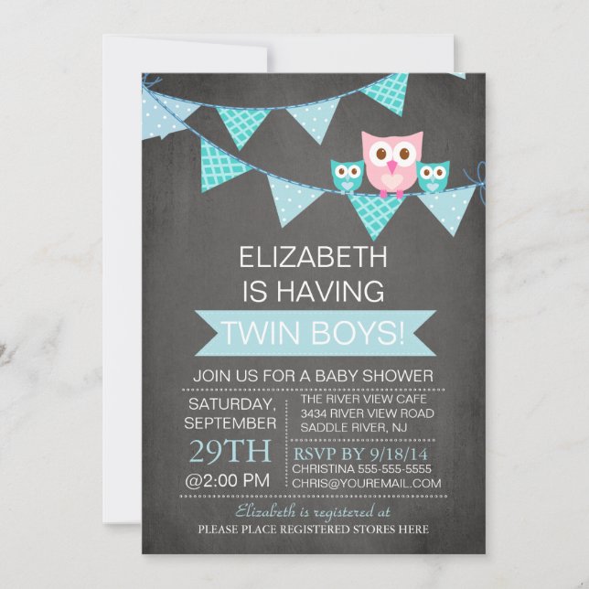 Chalkboard Bunting Owl TWIN BoyS Baby Shower Invitation (Front)