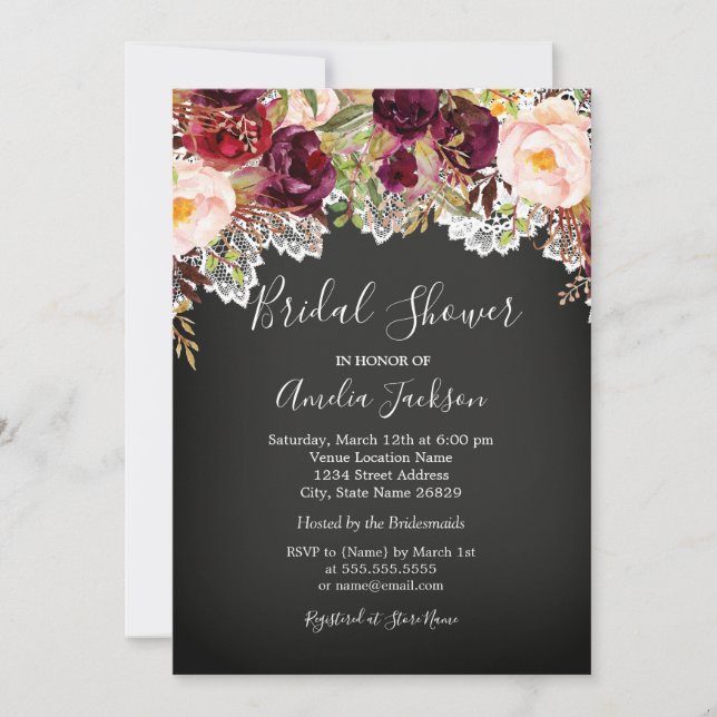 Chalkboard Burgundy Floral Lace Bridal Shower Invitation (Front)