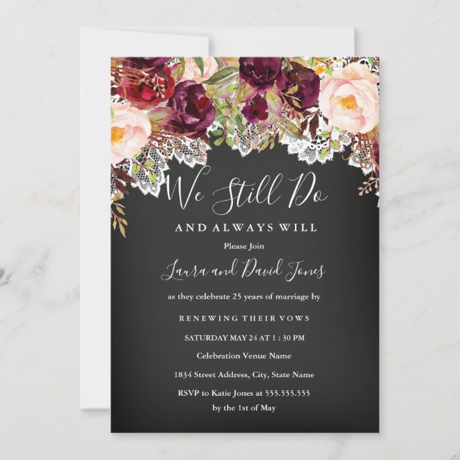 Chalkboard Burgundy Floral Wedding Vow Renewal Invitation (Front)