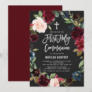 Chalkboard Burgundy Floral Wreath First Communion Invitation