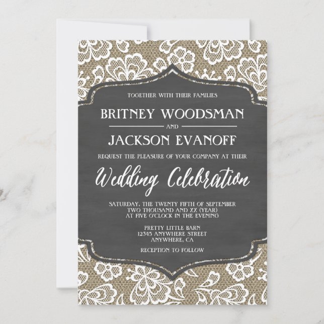 Chalkboard Burlap and Lace Wedding Invitations (Front)