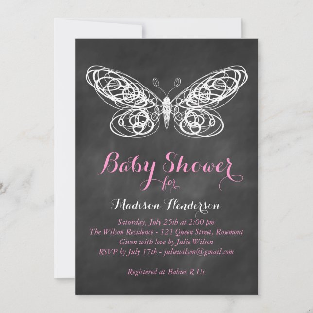 Chalkboard Butterfly Baby Shower Invitation - pink (Front)