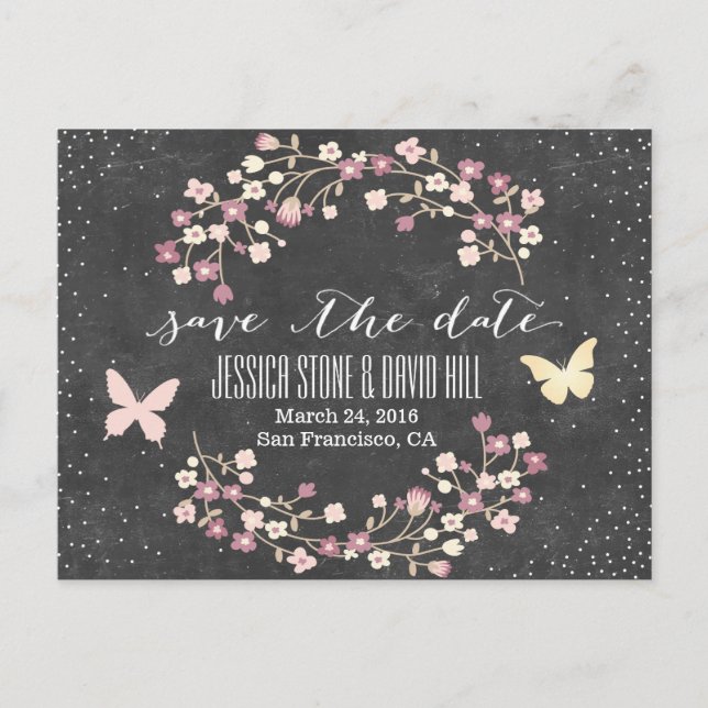 Chalkboard Butterfly & Flowers Save the Date Announcement Postcard (Front)