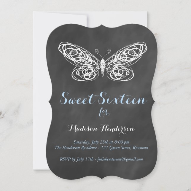 Chalkboard Butterfly Sweet Sixteen Invitation (Front)