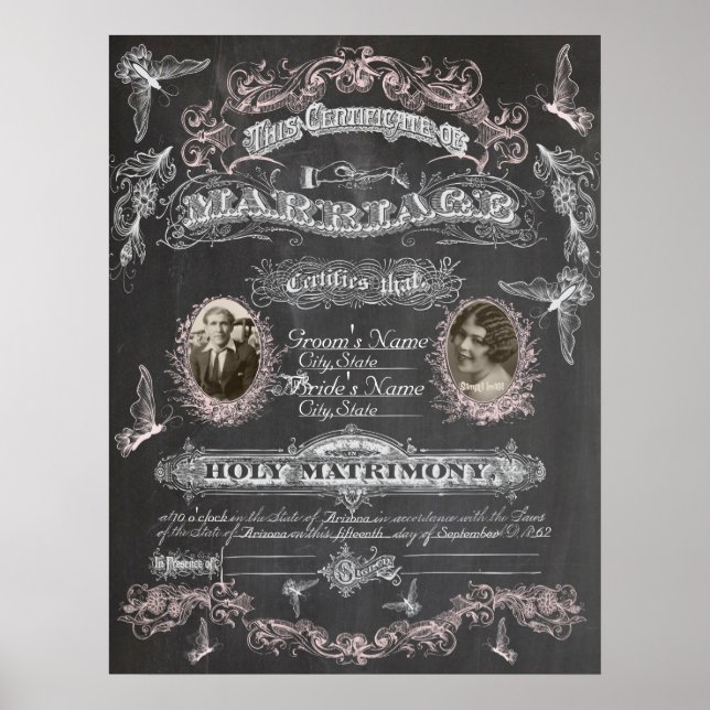 Chalkboard Butterfly Vintage Marriage Certificate Poster (Front)