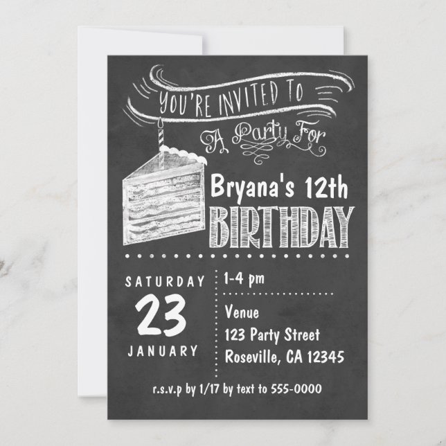 Chalkboard Cake Slice Birthday Party Invitations (Front)