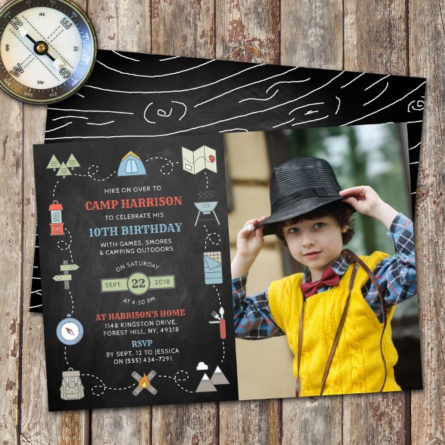 Chalkboard Camping Photo Any Age Birthday Invitation (Creator Uploaded)