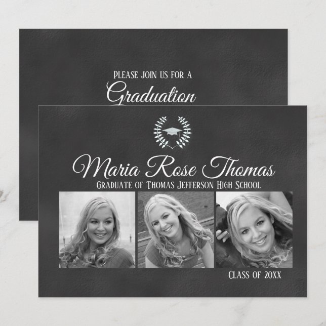 Chalkboard Cap & Leaves Grad Invitation 5" x 7" (Front/Back)