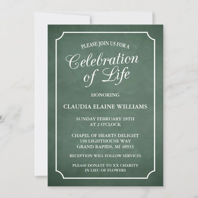 CHALKBOARD CELEBRATION OF LIFE FUNERAL INVITATION (Front)