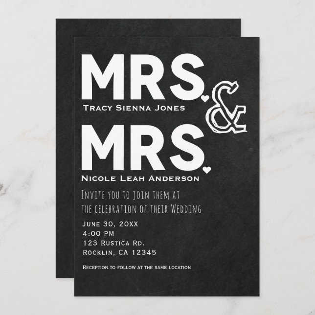 Chalkboard Chalk Mrs. & Mrs. Wedding Engagement Invitation (Front/Back)