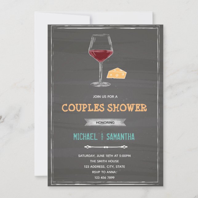 Chalkboard cheese wine theme invitation (Front)