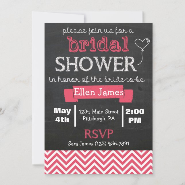 Chalkboard Chevron Bridal Shower Coral Pink Invitation (Front)