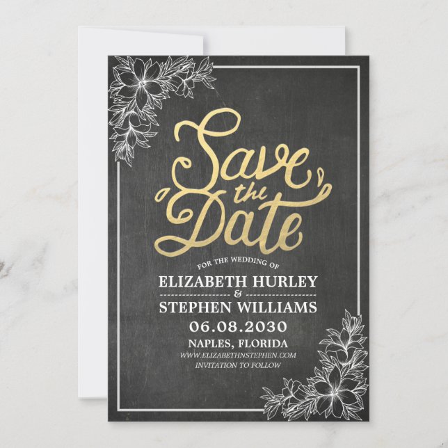 Chalkboard Chic Floral Frame Wedding Save The Date (Front)
