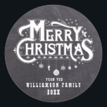 Chalkboard Christmas Black White Personalised Classic Round Sticker<br><div class="desc">Black chalkboard background and vintage Merry Christmas text is surrounded by holly and snowflakes. A row of ornaments hangs from Christmas. The ornaments are shaped as a snowflake, candy cane and traditional ornaments. Your family name and the year is placed below. Country or vintage theme wrapping and Christmas card mailings....</div>