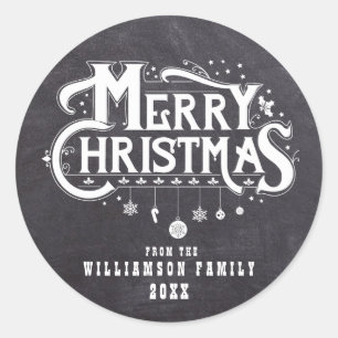 Chalkboard Christmas Black White Personalised Classic Round Sticker