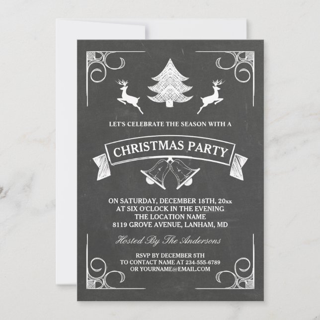 Chalkboard Christmas Deer Tree Bell Holiday Party Invitation (Front)