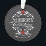 Chalkboard Christmas Holly Family Photo Ornament<br><div class="desc">Elegant Merry Christmas photo ornaments. Frosty white holly wreath with red poinsettia, and fancy retro letterpress style decorative typography. Add your favourite family, baby, kids, or pet photos. Change the text for to create a unique personalised keepsake memento to hang on your tree and enjoy for years to come, or...</div>