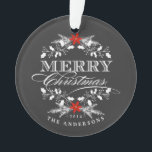 Chalkboard Christmas Holly Family Photo Ornament<br><div class="desc">Elegant Merry Christmas photo ornaments. Frosty white holly wreath with red poinsettia, and fancy retro letterpress style decorative typography. Add your favourite family, baby, kids, or pet photos. Change the text for to create a unique personalised keepsake memento to hang on your tree and enjoy for years to come, or...</div>