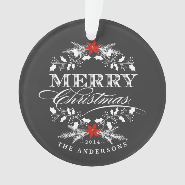 Chalkboard Christmas Holly Family Photo Ornament (Front)