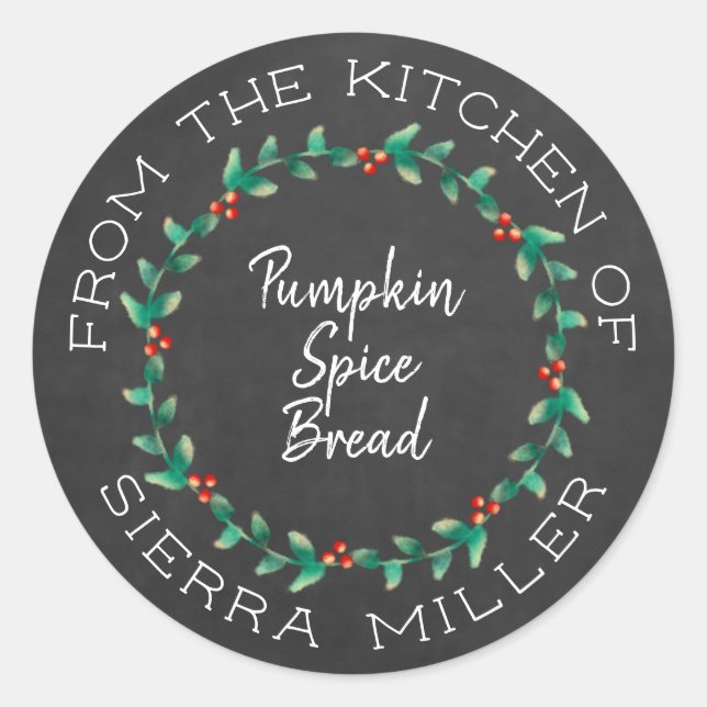 Chalkboard Christmas Holly Wreath Kitchen Treats Classic Round Sticker (Front)