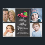 Chalkboard Christmas Tree 4 Photo Greeting Card<br><div class="desc">Popular and trendy christmas holiday photo greeting card for four family photos featuring a cute christmas pick up truck with cute christmas trees and a red bow set on a stylish,  chic & trendy black blackboard chalkboard.  Cute christmas card to showcase your beautiful family that your kids will love!</div>