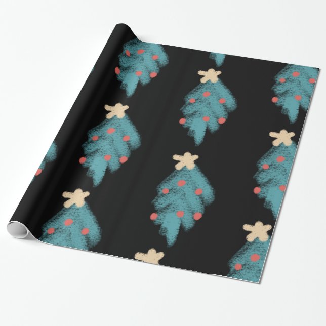 Chalkboard Christmas Tree Doodles Wrapping Paper (Unrolled)