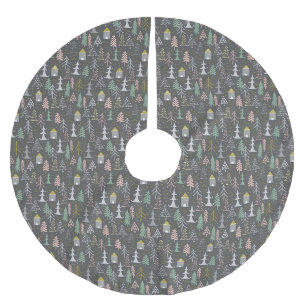 Chalkboard Christmas Trees and Houses Pink Yellow Brushed Polyester Tree Skirt