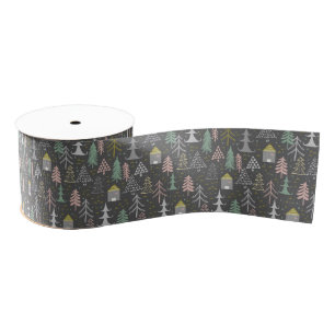 Chalkboard Christmas Trees and Houses Pink Yellow Grosgrain Ribbon