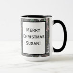 Chalkboard Christmas Trees and Houses Pink Yellow Mug<br><div class="desc">Create a beautiful Christmas gift for everyone you love. Personalise the message. Great gift idea for teachers.</div>