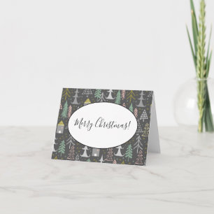 Chalkboard Christmas Trees and Houses Pink Yellow Note Card