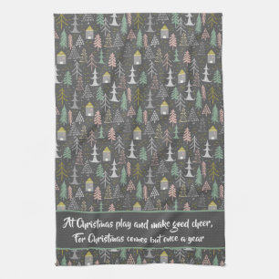 Chalkboard Christmas Trees and Houses Pink Yellow Tea Towel