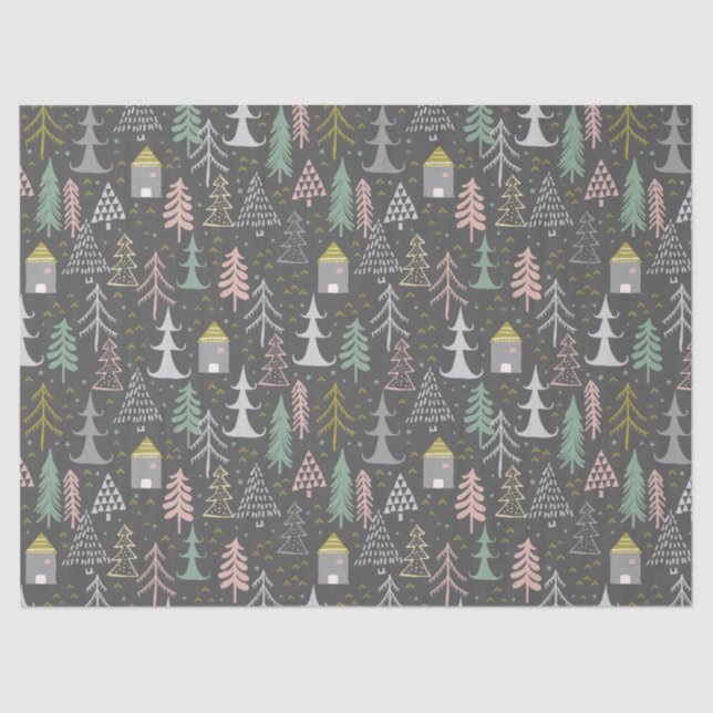 Chalkboard Christmas Trees and Houses Pink Yellow Tissue Paper (Front)