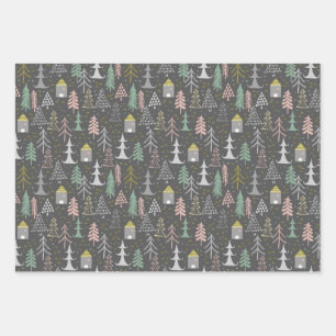 Chalkboard Christmas Trees and Houses Pink Yellow Wrapping Paper Sheet